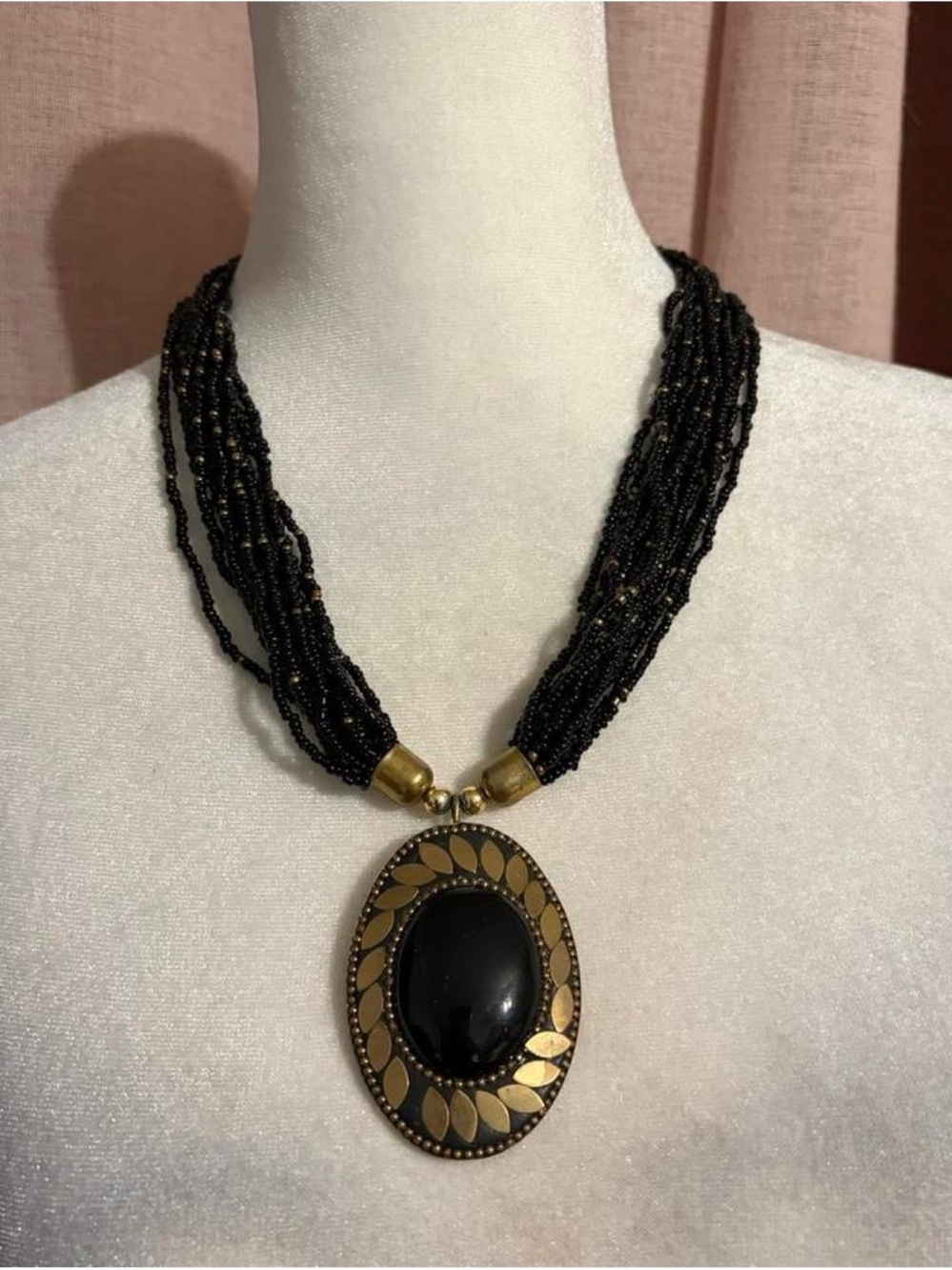 Black Beaded Oval Pendant Necklace
